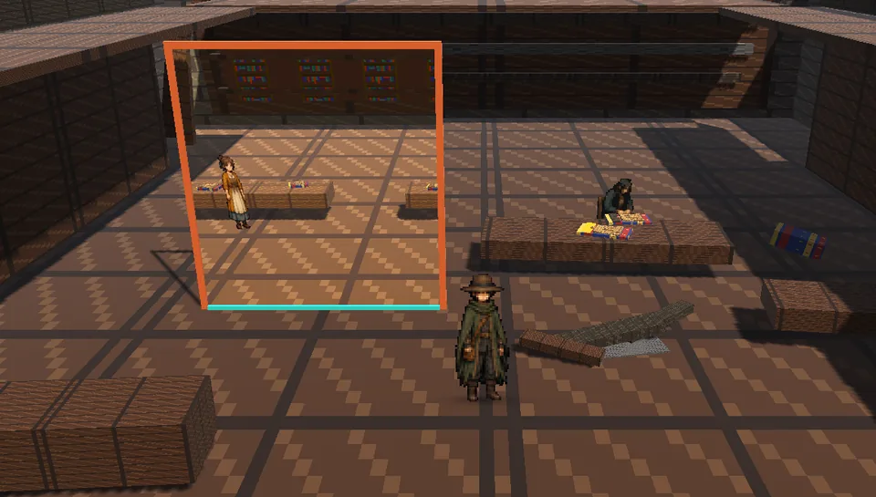 A dark library scene in Anemora with an orange time window showing the past