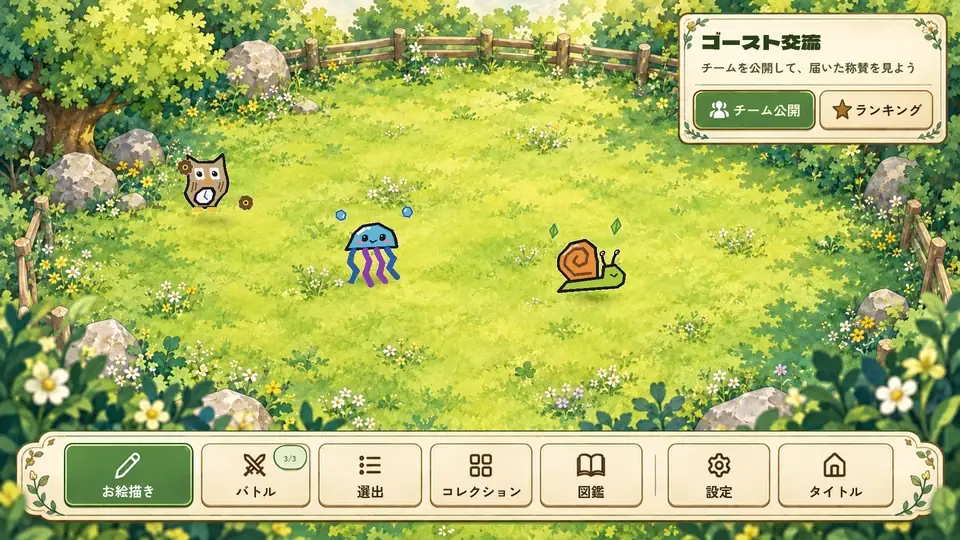 ラクガキビーストの牧場画面。水彩調の草原で、プレイヤーが描いたビーストたちが歩き回っている