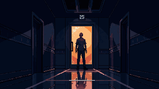 The Last Witnessのドット絵。暗い廊下の奥、明るい扉の前に人物が立っている